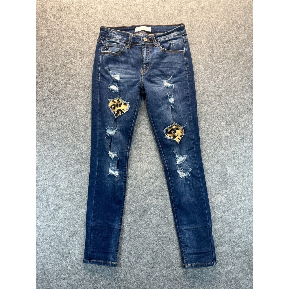 Distressed Dark Wash Women’s Jeans with Leopard Patch